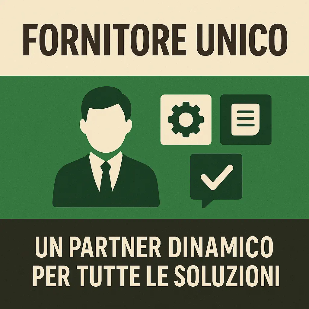 Grafica con testo "Fornitore unico – Un partner dinamico per tutte le soluzioni", che rappresenta un consulente per associazioni no profit con icone di gestione, documenti e spunta, ideale per servizi gestionali e consulenza nel terzo settore.